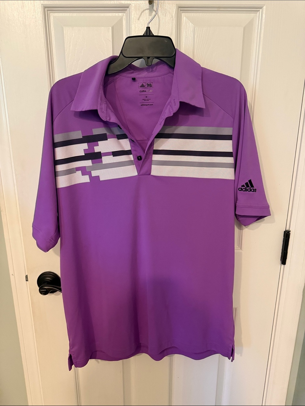 adidas Men’s Purple Golf Polo with White & Gray Chest Stripes